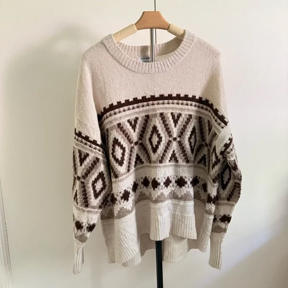 Old Navy Aztec Knit Sweater 2X Plus Size Neutral Geo Pattern Cozy 2X - Picture 2 of 9